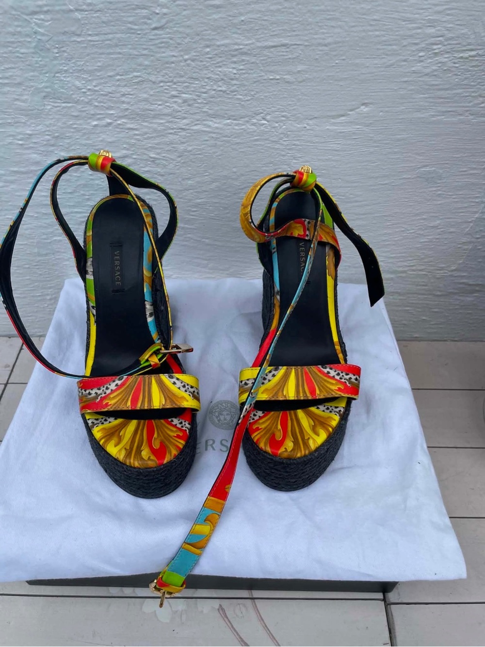 Versace Yellow, Red and Black Patterned Strappy Wedge Sandals